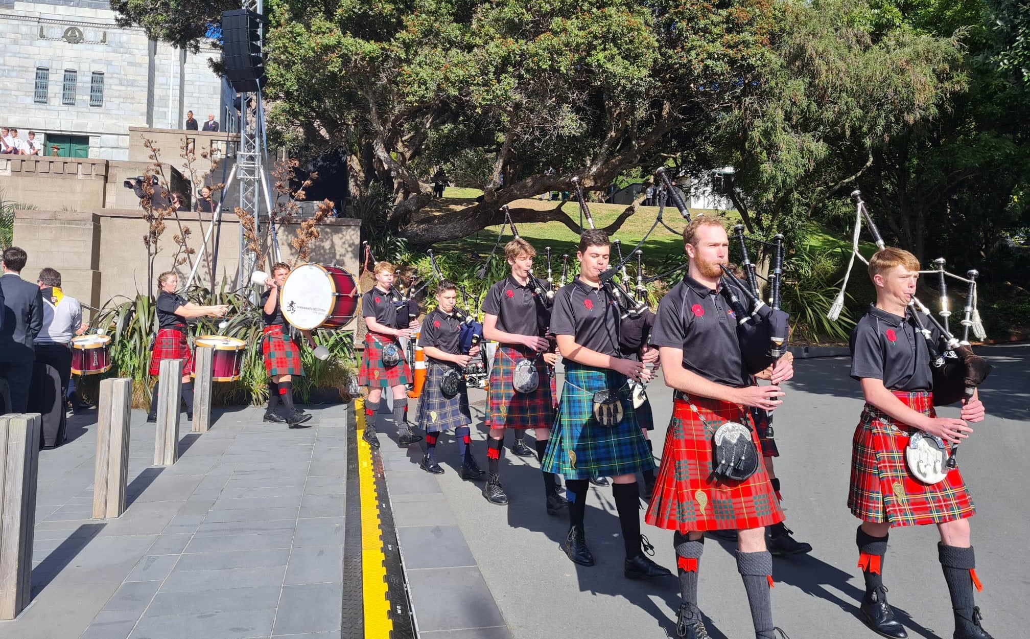 The National Youth Pipe Band of New Zealand at the 11am Anzac Day service in Wellington.