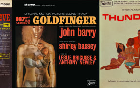 Soundtrack album covers for 'From Russia With Love', 'Goldfinger', and 'Thunderball'