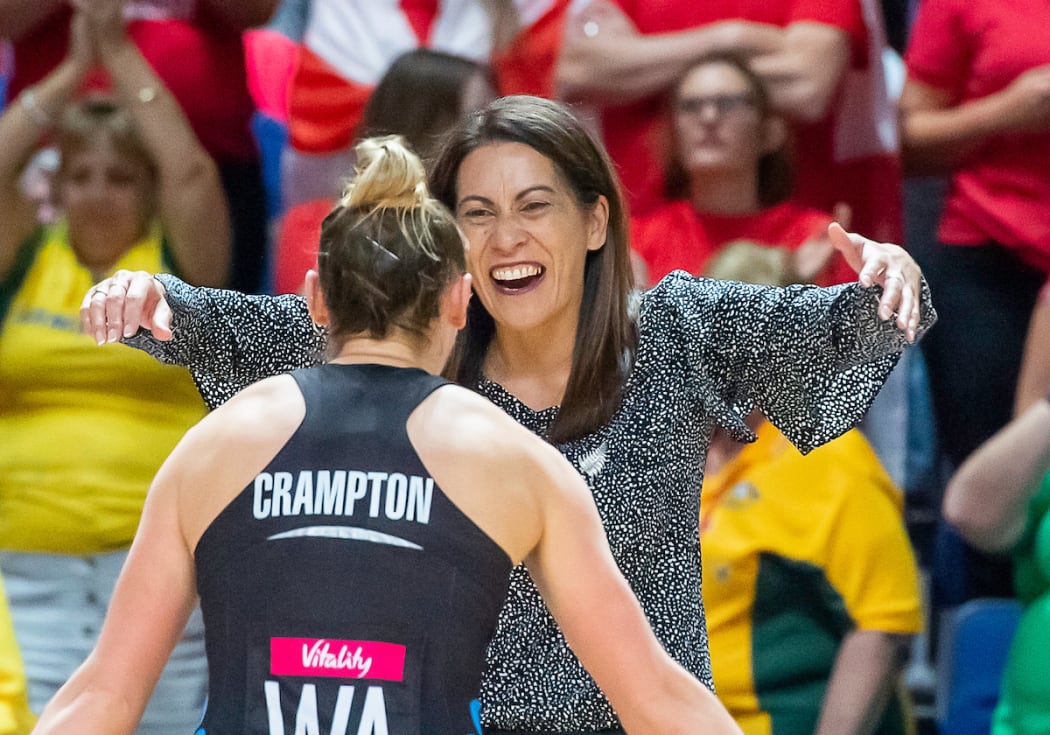 Silver Ferns coach Noeline Taurua celebrates with Gina Crampton after the semi-final victory over England.
