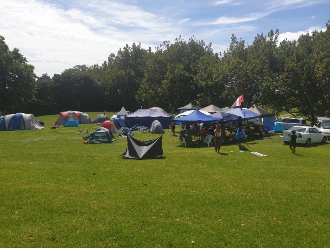 tents pitched at the Auckland Domain protest camp.