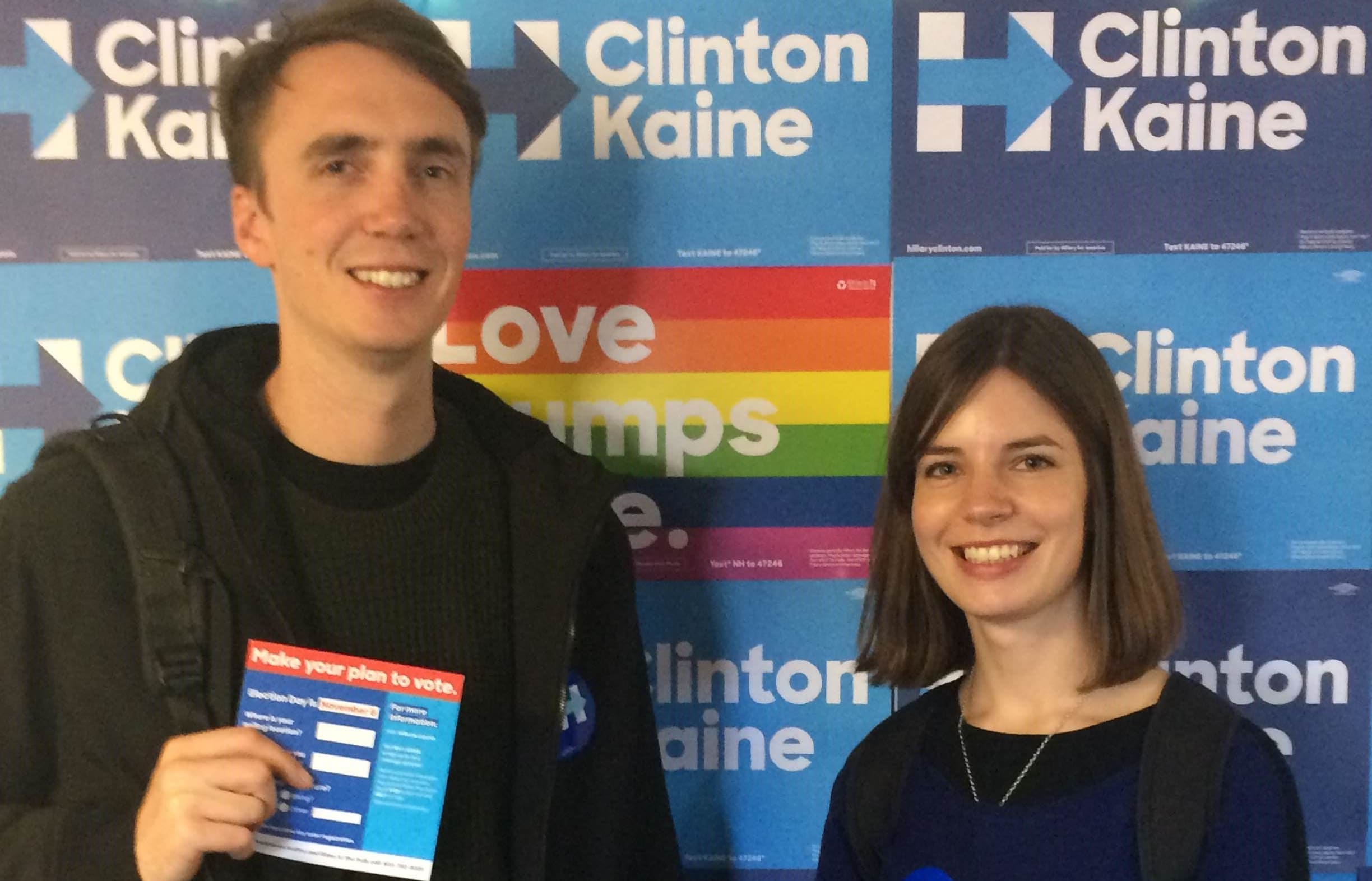 New Zealanders Josh Pemberton and Alice Osman, who are both students at Harvard Law School, spent a day canvassing Democrat voters in New Hampshire.