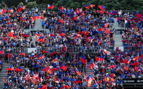 Toa Samoa supporters during the Paciﬁc Championships rugby league test between New Zealand Kiwis v Toa Samoa at Go Media Stadium, Auckland, New Zealand.