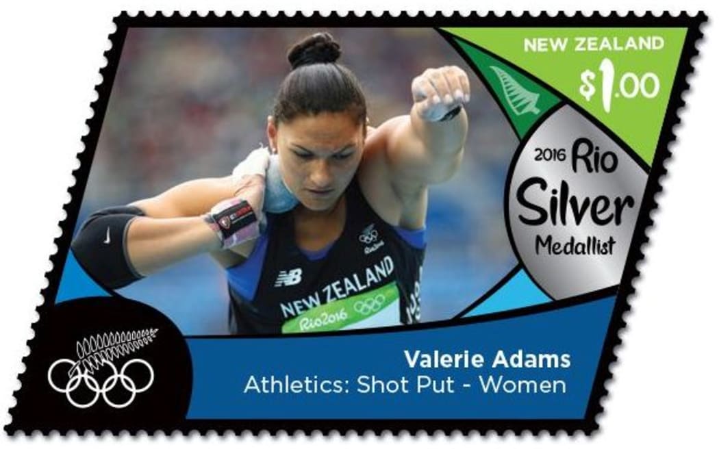 A stamp commemorating Valerie Adams' silver medal for shot put at the Rio Olympics.