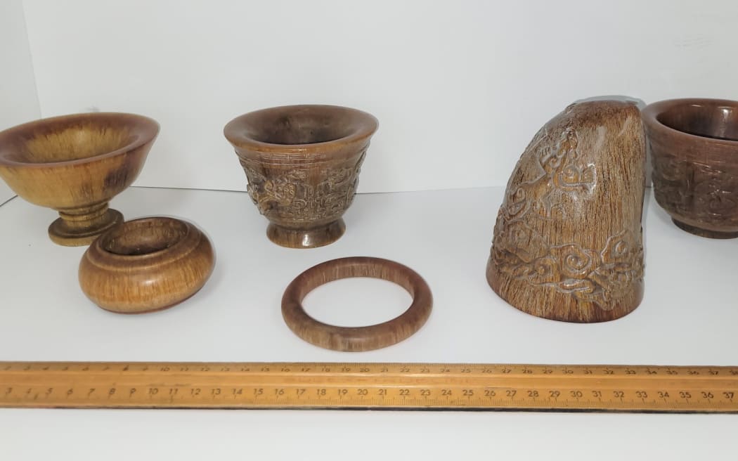 Items made from rhino horn seized by authorities in Auckland.