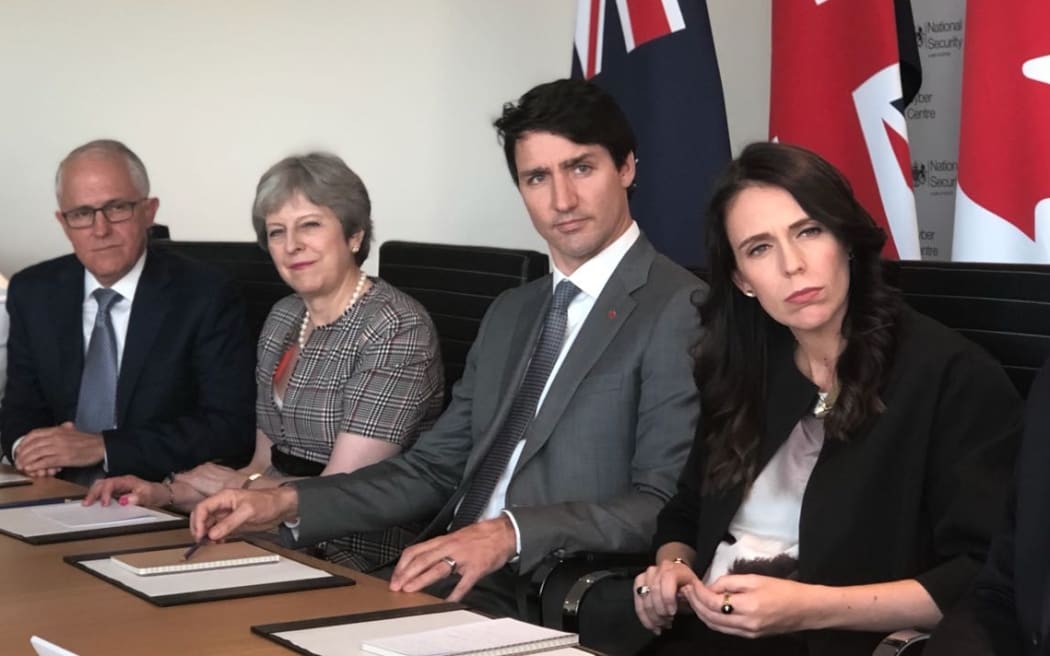 Leaders from four of the Five Eyes nations - Australia's Malcolm Turnbull, Britain's Theresa May, Canada's Justin Trudeau and New Zealand's Jacinda Ardern - meet in London.
