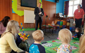 Education minister Chris Hipkins launches the draft early childhood strategy at the Knox Church Playgroup in Lower Hutt.