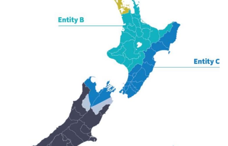 Proposed new Three Waters reform entities for New Zealand.