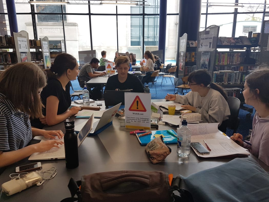 Students (from left) Ella McGovern, Willow Ashby, Brooke Giblin, Nova Waretini-Hewison and Eden Kettles study for their NCEA exams.