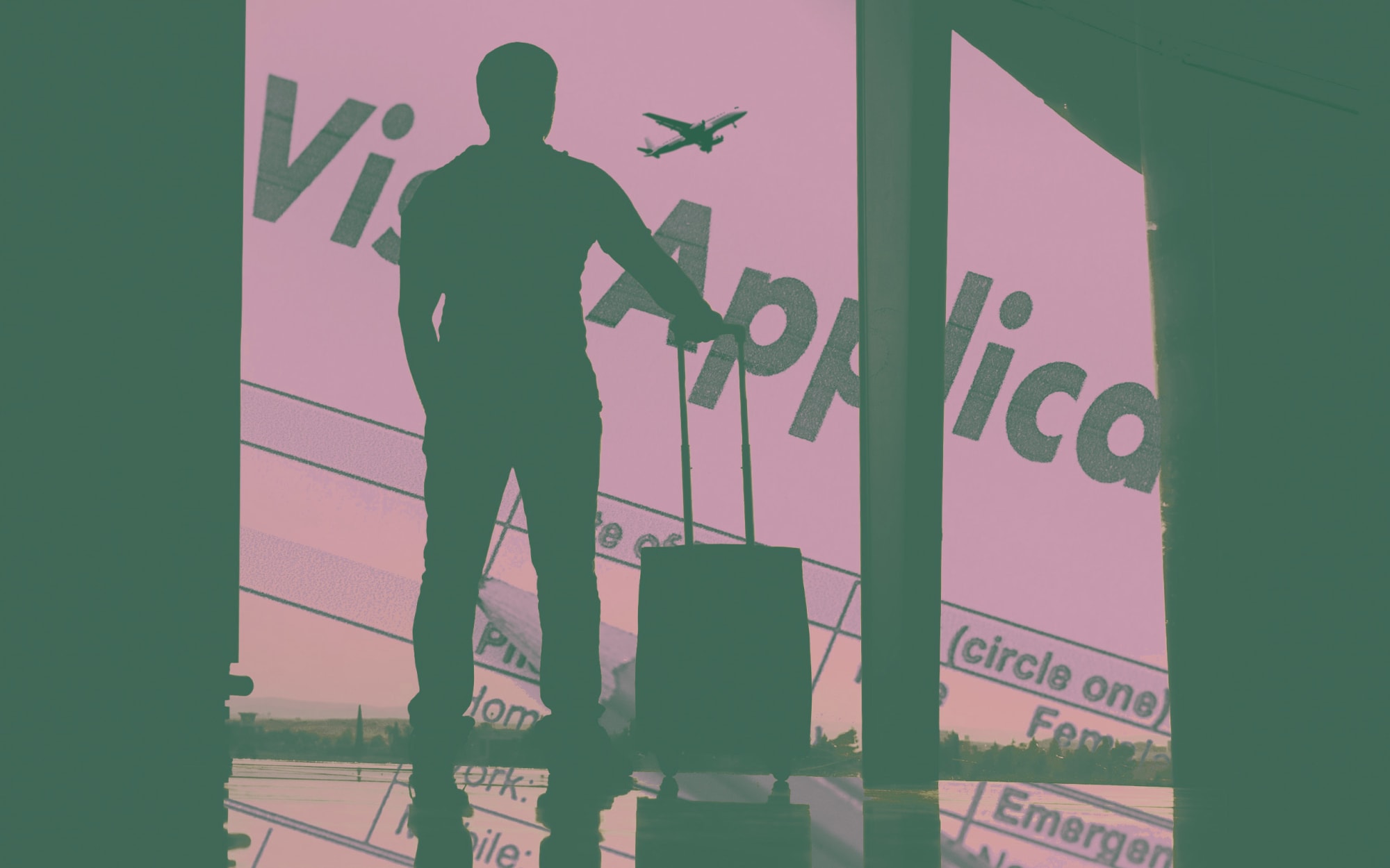 旅行者、飞机和签证申请的拼贴画