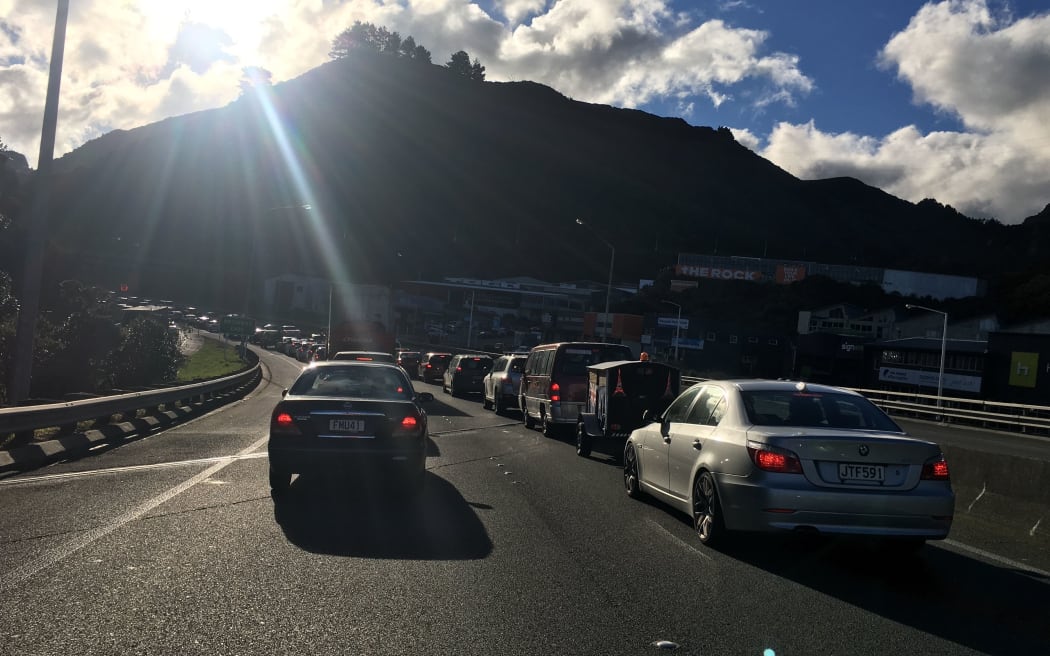 Northbound traffic backed up at the base of the gorge as rush hour approaches.