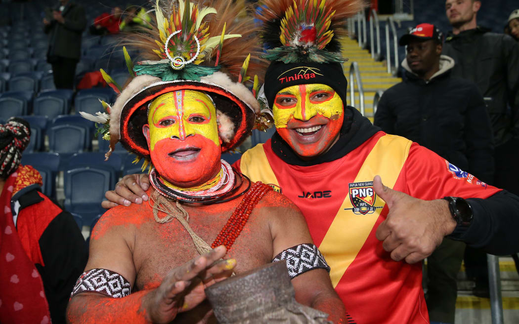 LEEDS, ENGLAND - NOVEMBER 01: Papua New Guinea fans show their support following  the Women's Rugby League World Cup Group A match between Papua New Guinea Women and Canada Women at Headingley on November 01, 2022 in Leeds, England. (Photo by Alex Livesey/Getty Images for RLWC)