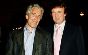 Portrait of American financier Jeffrey Epstein (left) and real estate developer Donald Trump as they pose together at the Mar-a-Lago estate, Palm Beach, Florida on February 22, 1997.