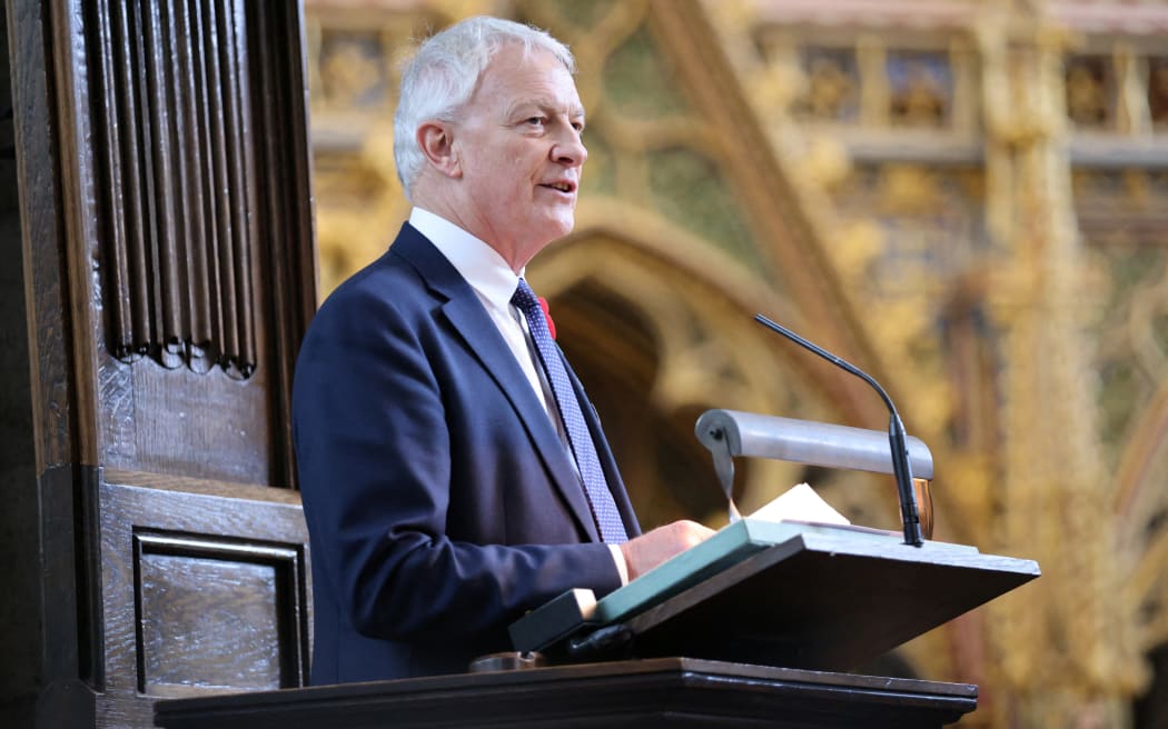 New Zealand's High Commissioner to the United Kingdom Phil Goff speaks during a service of commemoration and thanksgiving to mark Anzac Day in Westminster Abbey in London in central London on April 25, 2024. Anzac Day marks the anniversary of the first major military action fought by Australian and New Zealand forces during the First World War. The Australian and New Zealand Army Corps (ANZAC) landed at Gallipoli in Turkey during World War I. (Photo by Belinda Jiao / POOL / AFP)