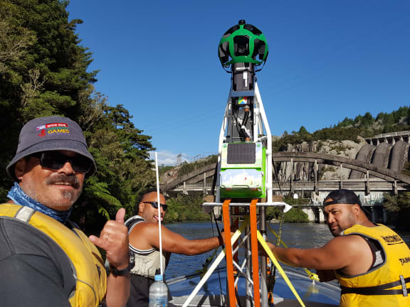 Behind the scenes of the Google Street Trekker taking images for a view of the Waikato River.