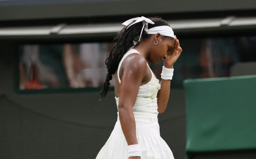 Coco Gauff of the United States reacts as she plays against Dayana Yastremska of Ukraine during the women's singles first-round match on day two of the Wimbledon Championships at the All England Lawn Tennis and Croquet Club in London, on July 1, 2025. ( The Yomiuri Shimbun ) (Photo by Daisuke Urakami / The Yomiuri Shimbun via AFP)