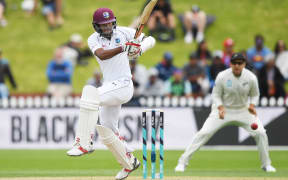 Kraigg Brathwaite batting for West Indies in the first Test in Wellington.