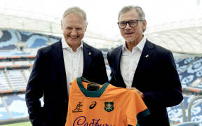 Incoming Wallabies head coach Les Kiss (R) with outgoing coach Joe Schmidt in Sydney on April 30, 2025. (Photo by Saeed KHAN / AFP)