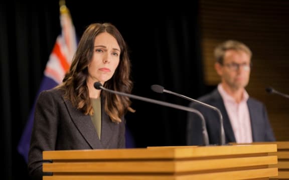 Prime Minister Jacinda Ardern with Director-General of Health Dr Ashley Bloomfield answering questions on the new Covid-19 alert system.