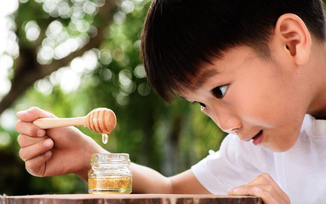 62644677 - young thai boy interesting at honey comb from the small bottle in the garden.