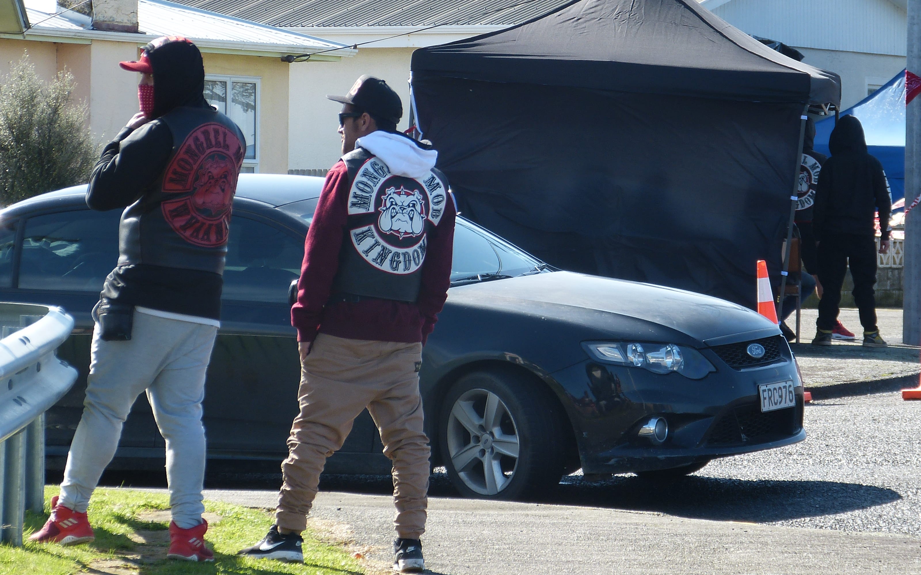 Mongrel Mob members at the Puriri Street cordon