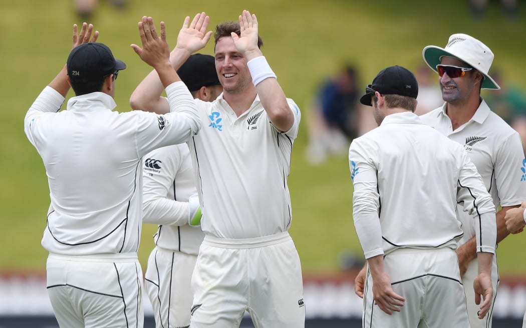 Matt Henry celebrates a wicket at the Basin Reserve.