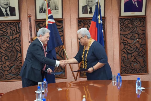 Prime Minister Fiame and Winston Peters at the singing of the cooperation partnership. 9 February 2024