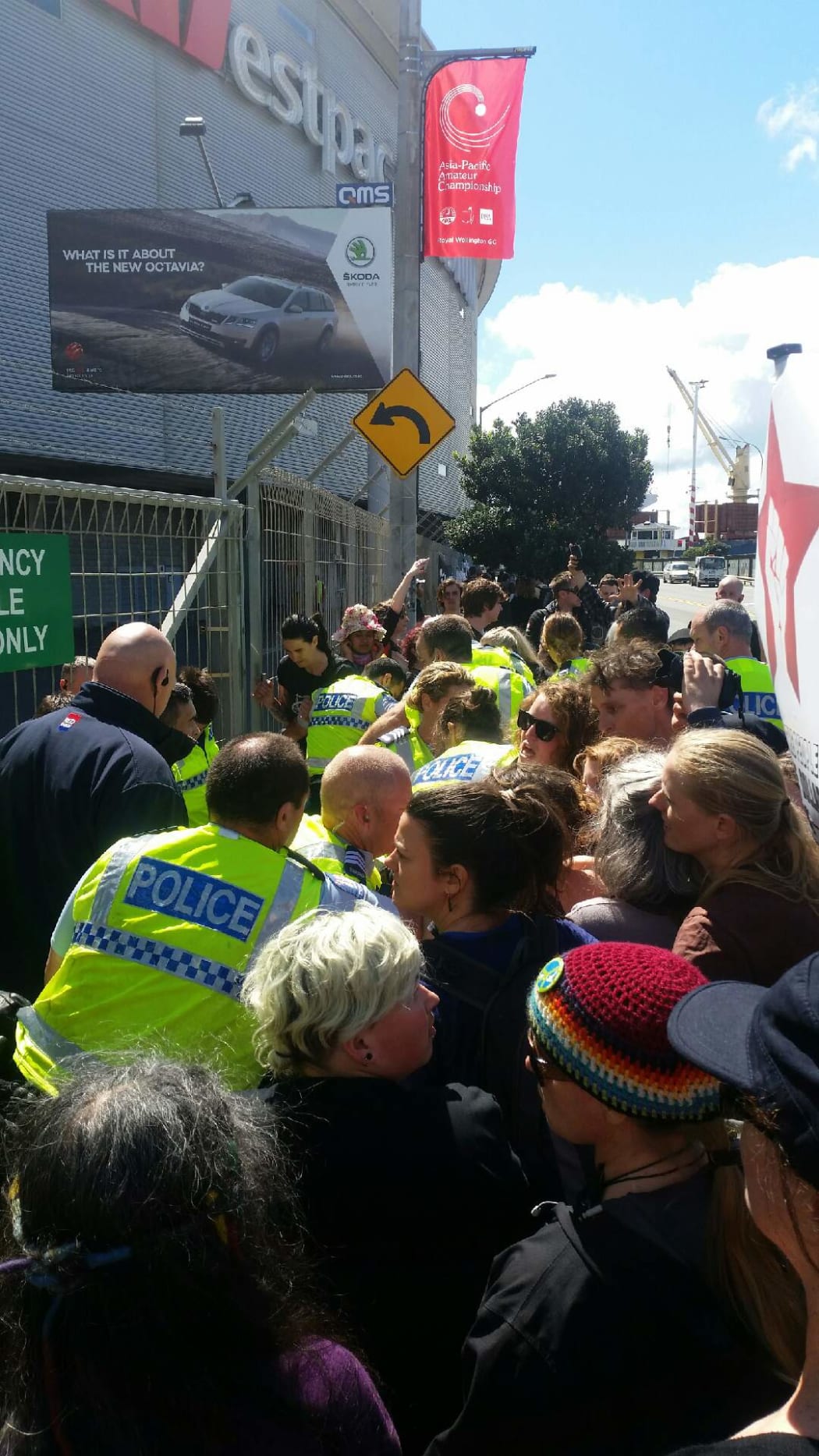 Police and protesters at Westpac Stadium in Wellington.