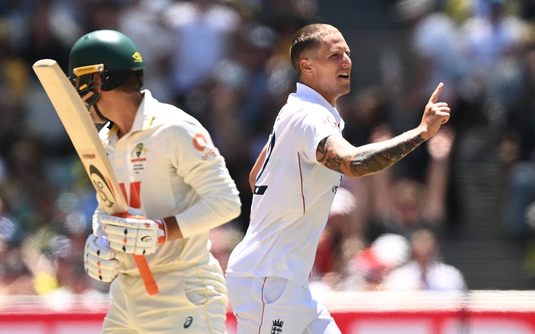 Brydon Carse of England celebrates taking the wicket of Alex Carey of Australia during the fourth test in Melbourne.