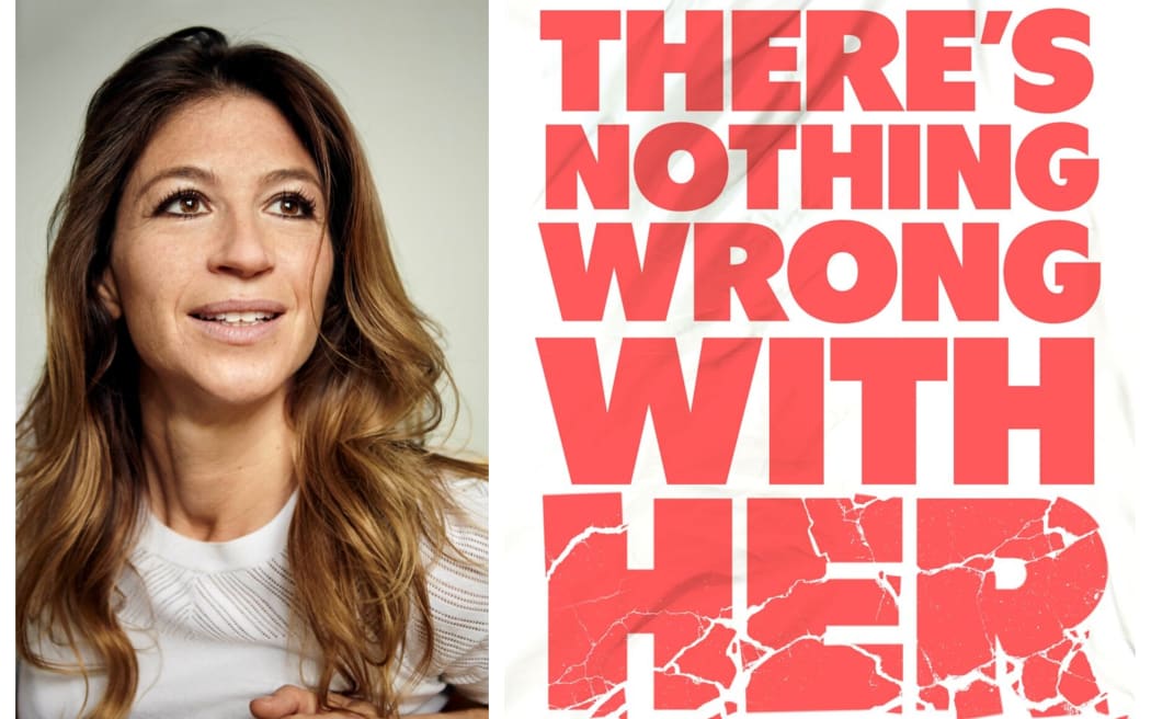 Author Kate Weinberg smiling. Next to her is the white and red cover of her book 'There's Nothing Wrong With Her'.