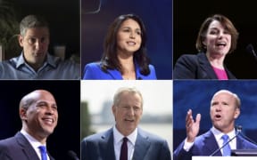 Tim Ryan, Rep. Tulsi Gabbard, Sen. Amy Klobuchar, Gov.Jay Inslee, Julian Castro,(2nd row bottom) Sen.Cory Booker, New York City Mayor Bill de Blasio, former Rep.John Delaney, Beto O'Rourke, and Sen. Elizabeth Warren. -