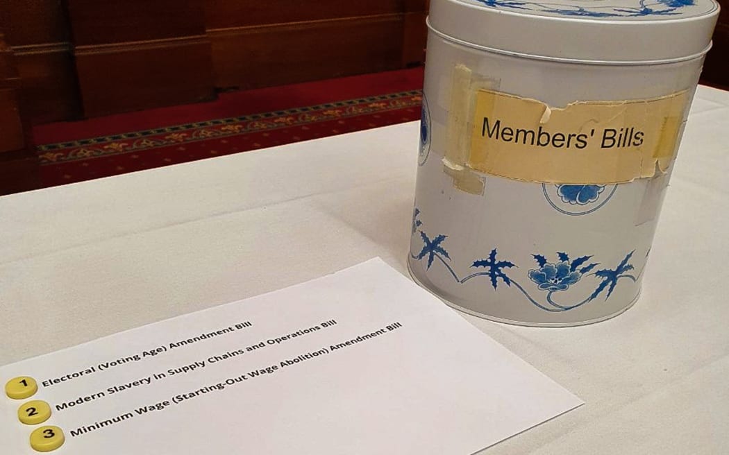 The biscuit tin ballot for Youth Parliament 2022. The three bills available address reducing the voting age to 16, fighting modern slavery in supply chains, and resolving age-based discrimination against young workers