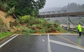 A slip on State Highway 2 in the Karangahake Gorge on 1 May, 2023.