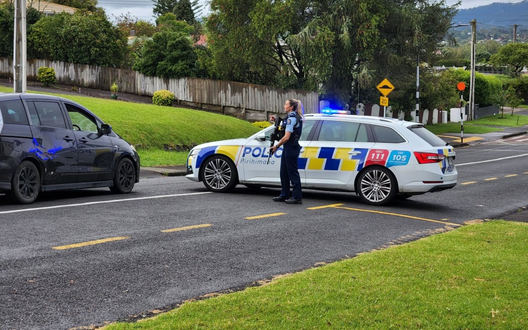 Armed police outside a school in Henderson, west Auckland.