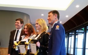 Left to right: Deputy Mayor Justin Lester, Payge Olds, Kelly McKay and Inspector Terry Van Dillen