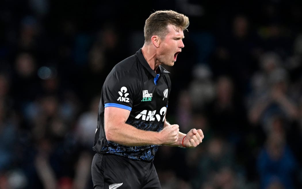 New Zealand’s Jimmy Neesham celebrates the wicket of England captain Harry Brook.
Game 1 of the T20 cricket series between New Zealand and England at Hagley Oval, Christchurch, New Zealand. Saturday 18 October 2025. © Photo: Andrew Cornaga / Photosport