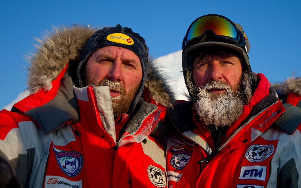 Russian travellers Fedor Konyukhov, at right, and Viktor Simonov at the North Pole.