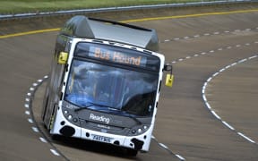 The Bus Hound zips around the track at the world famous Millbrook Proving Ground in Bedford.