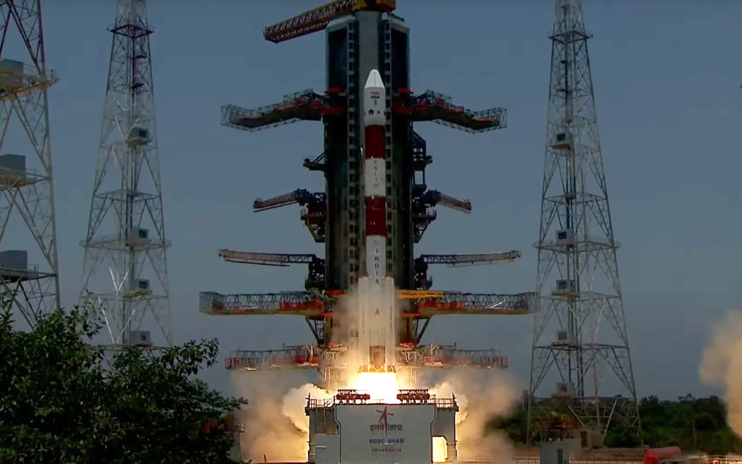 This handout screen grab taken and received from the live feed of Indian Space Research Organisation (ISRO) website on 2 September, 2023, shows the Aditya-L1 spacecraft take off from the Satish Dhawan Space Centre in Sriharikota, on a voyage to the center of the Sun.