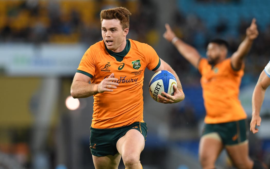 Australian wing Andrew Kellaway heads for a try in the Wallabies' Rugby Championship test against Argentina on the Gold Coast. Saturday 2 October 2021.