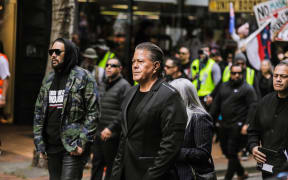 Brian Tamaki seen during the anti-government protest in Wellington, marching towards Parliament on 23 August 2022.
