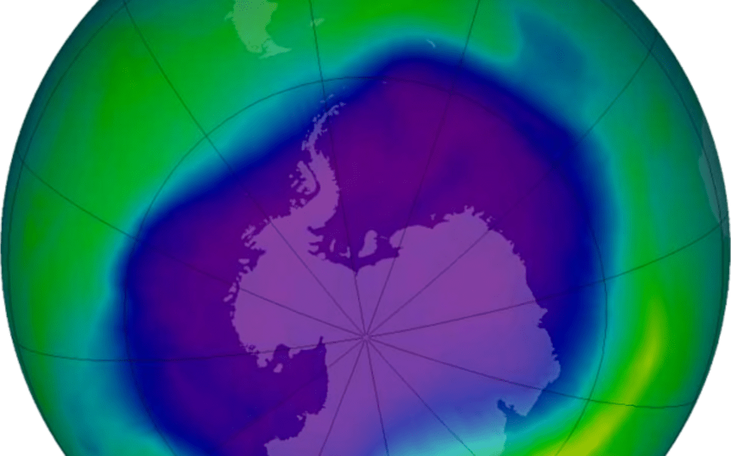 On 24 September 2006, the Antarctic ozone hole (the blue and purple area on the map) covered a record area of 11.4 million square miles (29.5 million square kilometres). It was the second time in the 2006 ozone season that the hole reached that size.