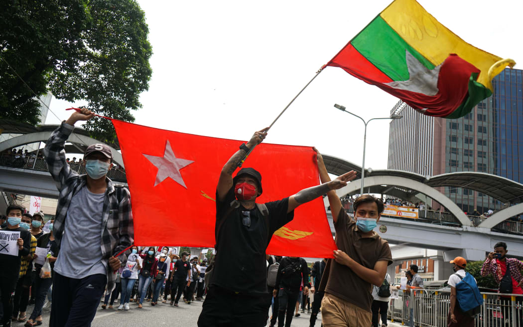 Thousands of people rally against Military Junta, near Sule pagoda in Yangon, Myanmar
