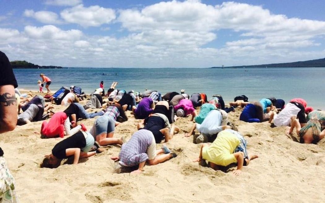 A Coal Action Network protest at Mission Bay, Auckland, on 7 December 2014 - one of about a dozen events at beaches around the country.