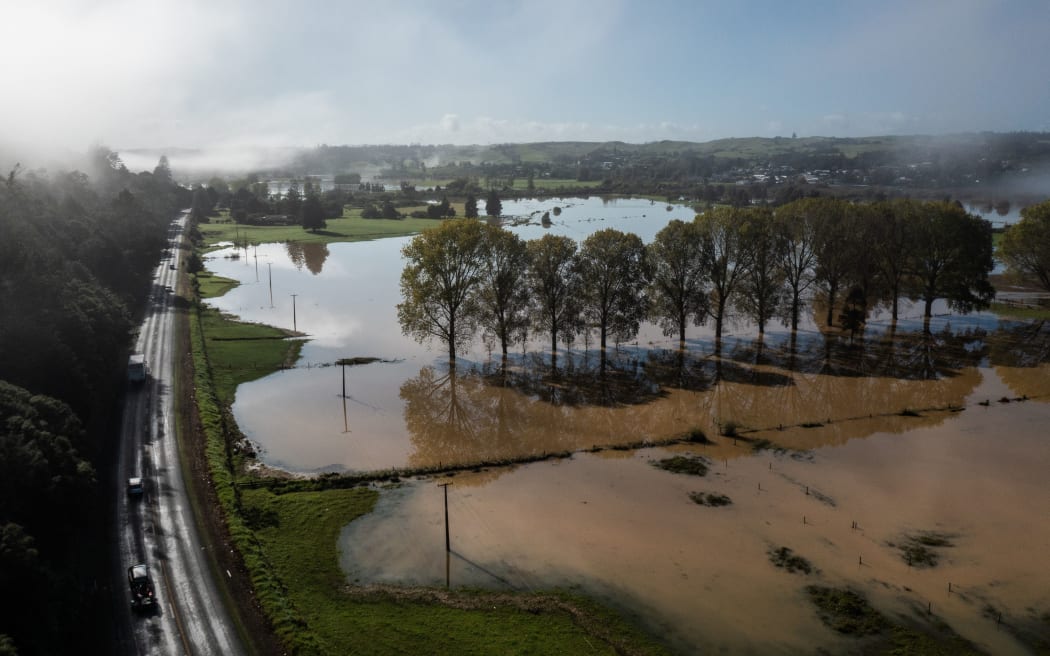 Floodwaters covering farmland near Kawakawa en route to the Bay of Islands on Thursday.