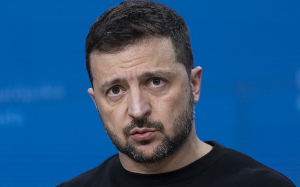 President of Ukraine Volodymyr Zelensky addresses a press conference during his visit at the European Council Summit, the EU leaders meeting at the headquarters of the European Union.