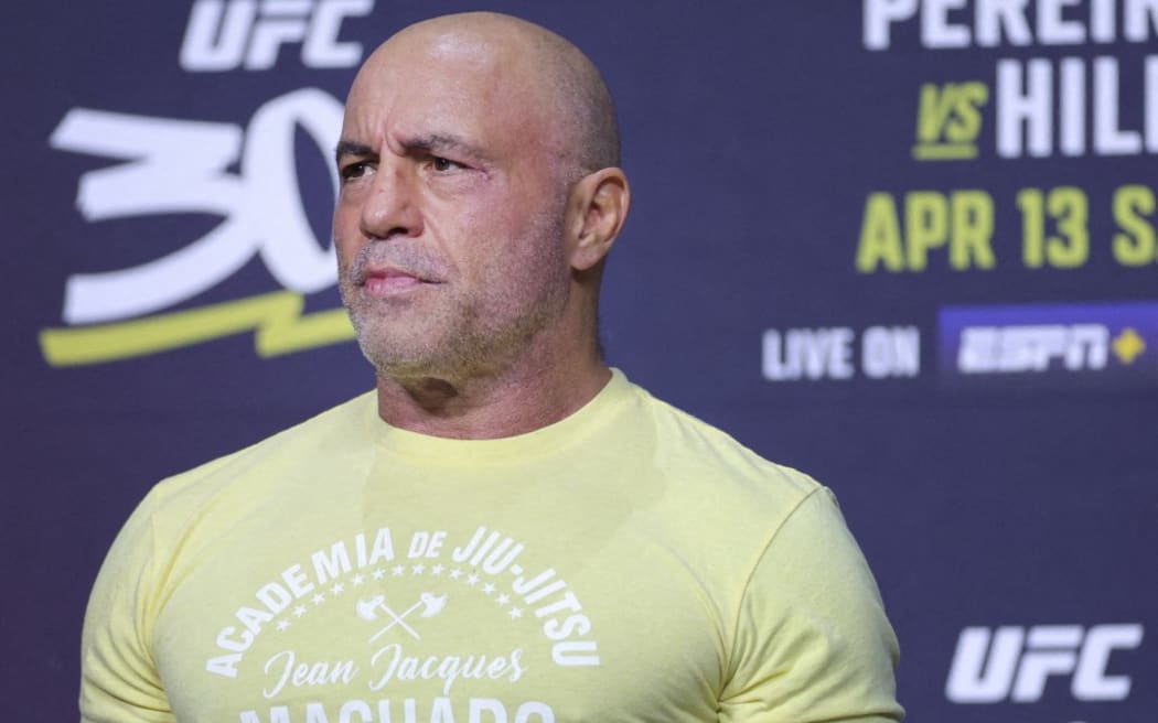 LAS VEGAS, NEVADA - APRIL 12: Joe Rogan MC's during the UFC 300 ceremonial weigh-in at MGM Grand Garden Arena on April 12, 2024 in Las Vegas, Nevada.