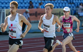 Sam Ruthe grabs 2nd place in the Men's 1500m run during the Sir Graeme Douglas International Athletics Meet at Trusts Arena, Auckland, Sunday 9 February 2025. Copyright Photo: Shane Wenzlick / www.photosport.nz