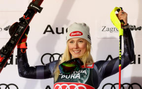 US skier Mikaela Shiffrin celebrates her victory.