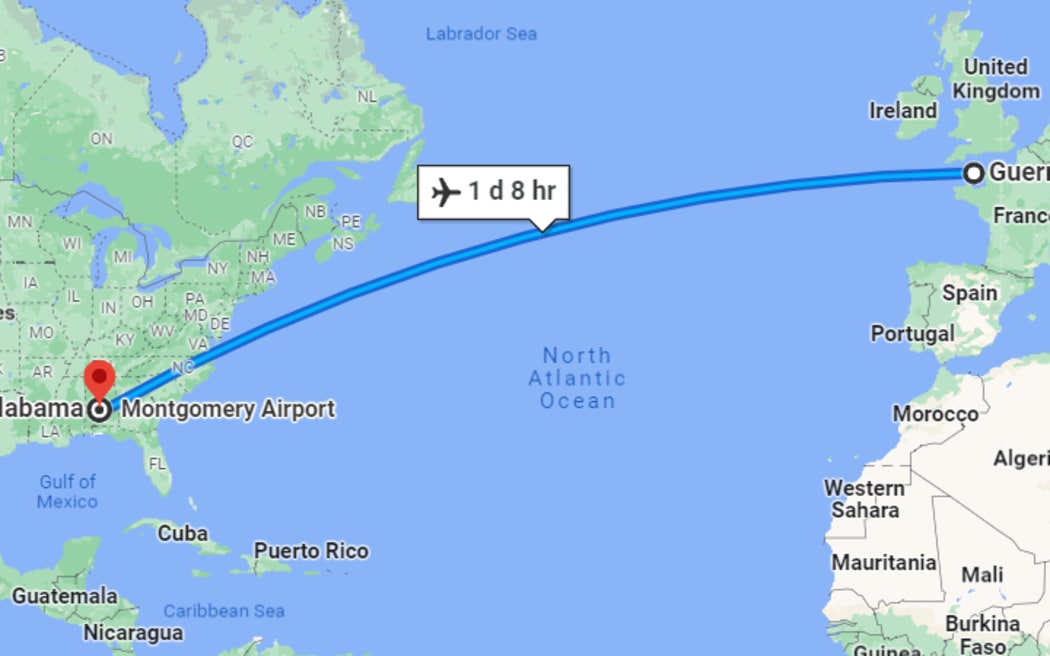 A map showing a possible route the pigeon could have taken to fly from Guernsey to Alabama.
