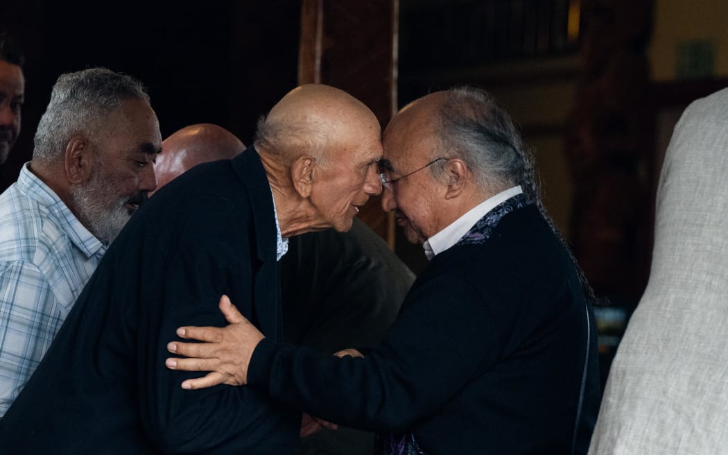 Kaumātua Rore Stafford's hongi with UN Special Rapporteur on the Rights of Indigenous Peoples Francisco Calí Tzay.